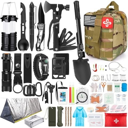 250Pcs Survival Gear Kit with Molle Bag & Emergency Tent – First Aid, Hiking, Ou