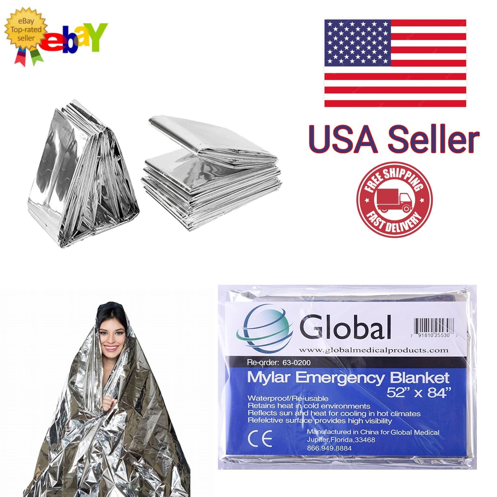 5 Emergency Rescue Space Thermal Mylar Blankets 84 x 52 New! Free Shipping!