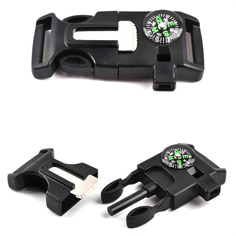 4pcs Outdoor Survival Buckle with Compass Whistle Fire Starter Black Backpack