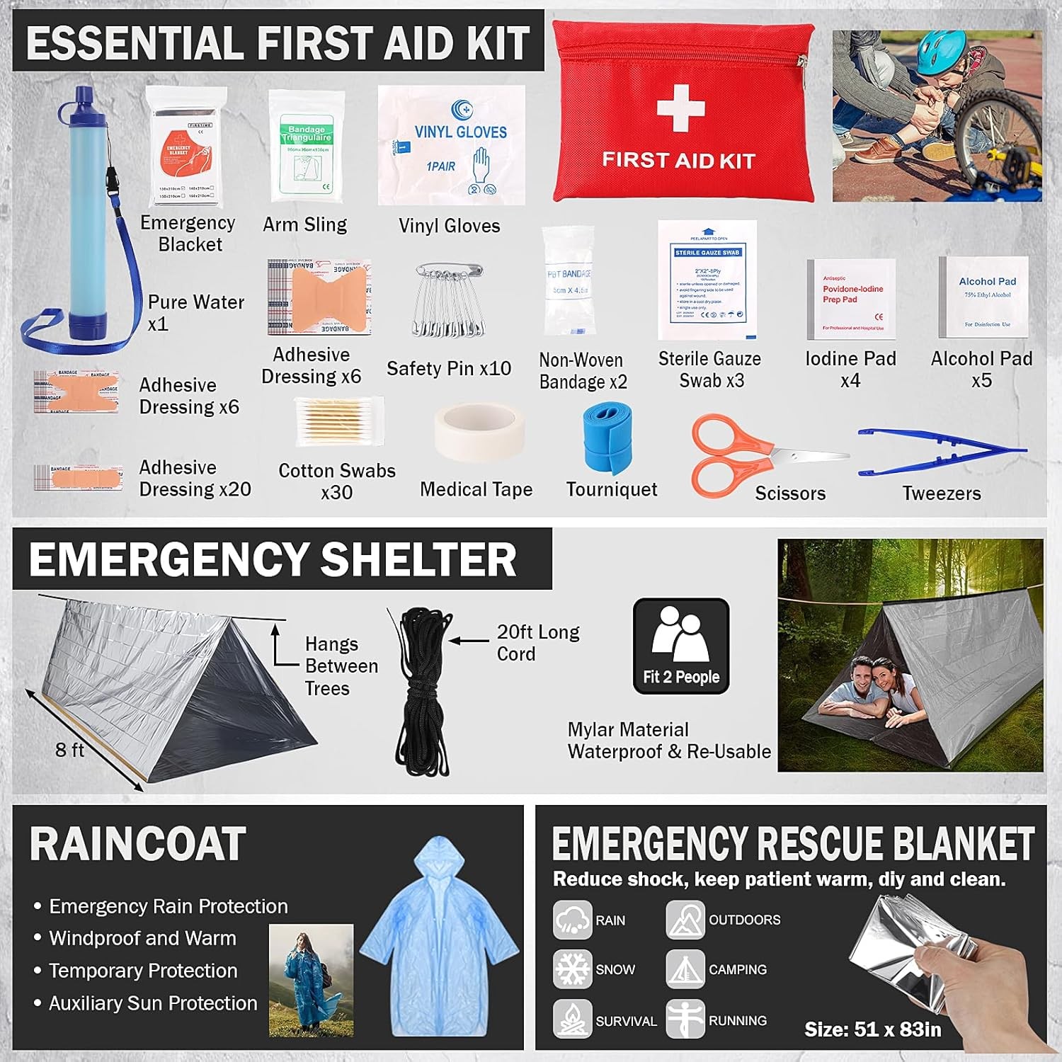 258PCS Survival Kit 25L Backpack Water Filter Tent First Aid Camping