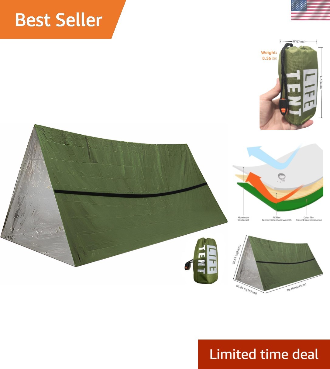 Emergency Survival Tent. 2-Person Tube Shelter Waterproof & Windproof Reusabl…