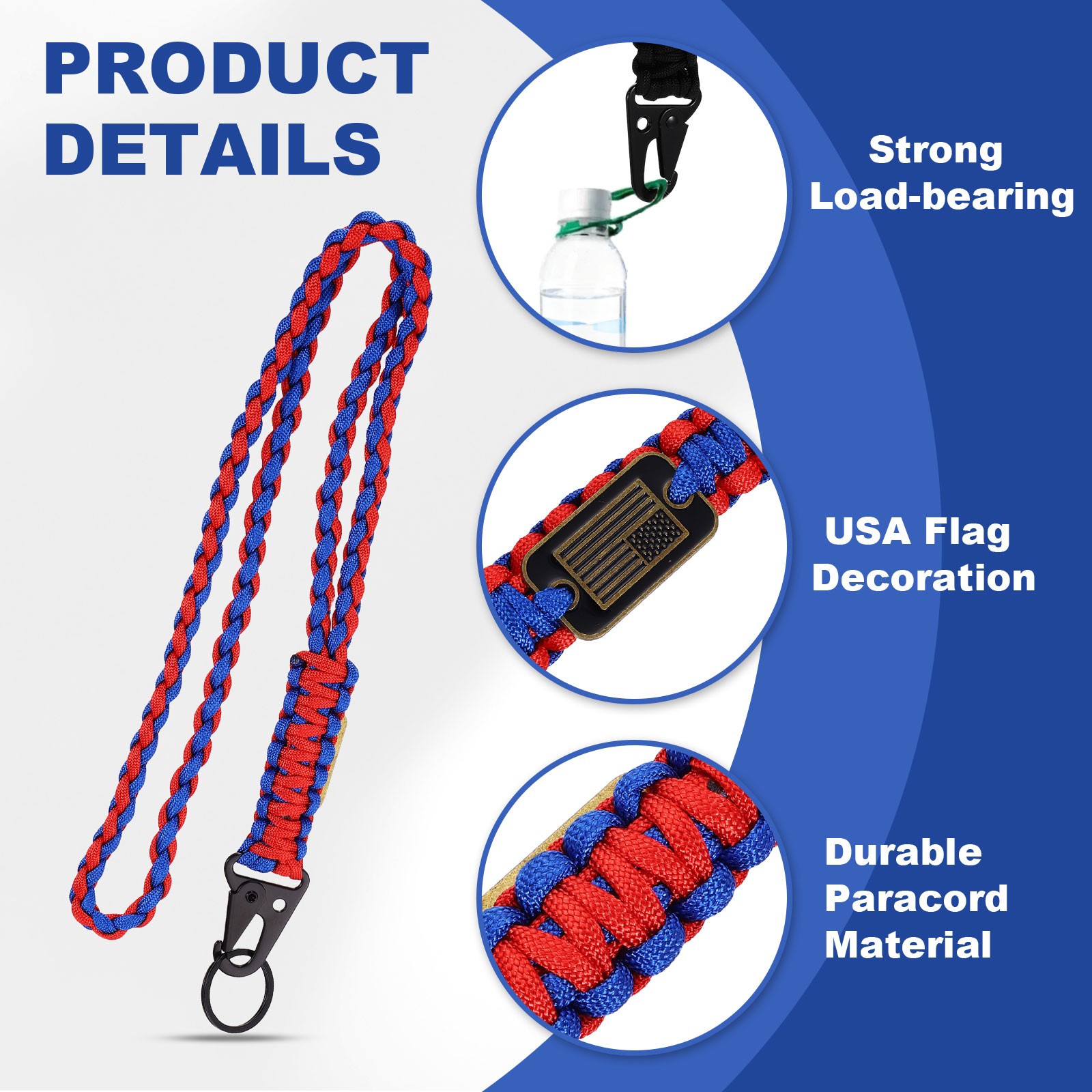 Paracord Lanyard Strong Lanyard with USA Flag Red and Blue