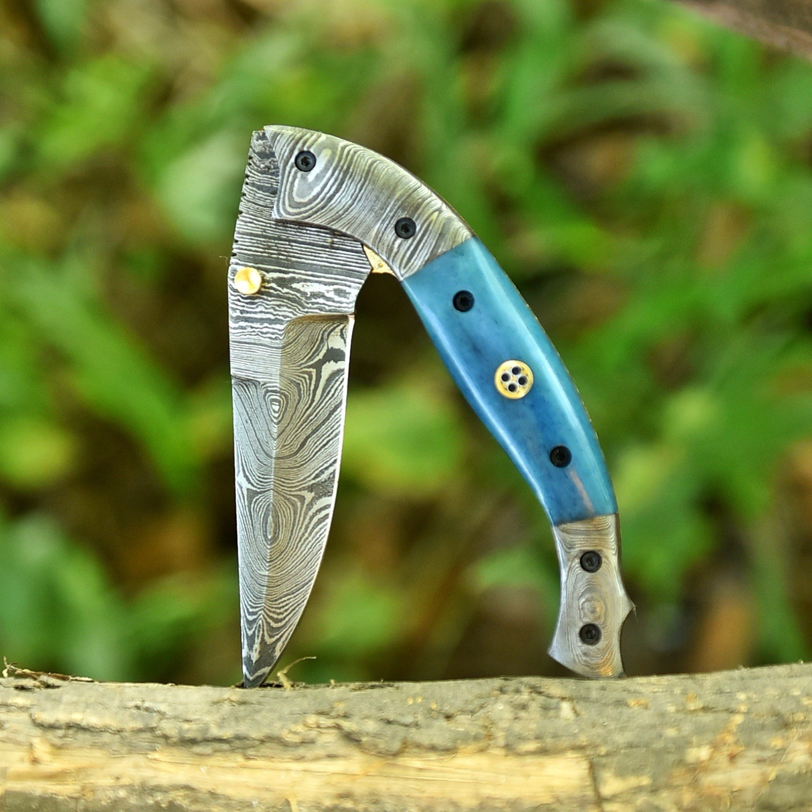 USA Pocket Knife Damascus Folding Blade Knife Camel Bone Handle