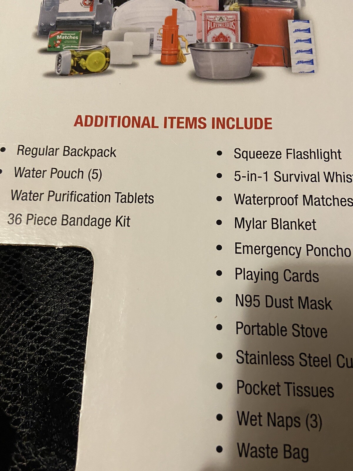 Emergency Survival Kit Backpack 5-Day Food Water First Aid Whistle Playing Cards