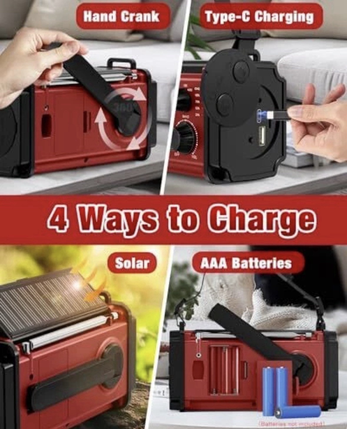 Emergency Radio, Hand Crank Radio, Solar Radio, AM FM NOAA Weather Radio, 4 Red