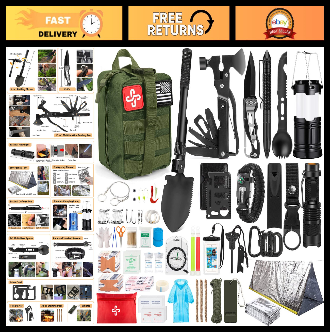 250Pcs Survival Gear Kit with Molle Bag & Emergency Tent, First Aid for Hiking,