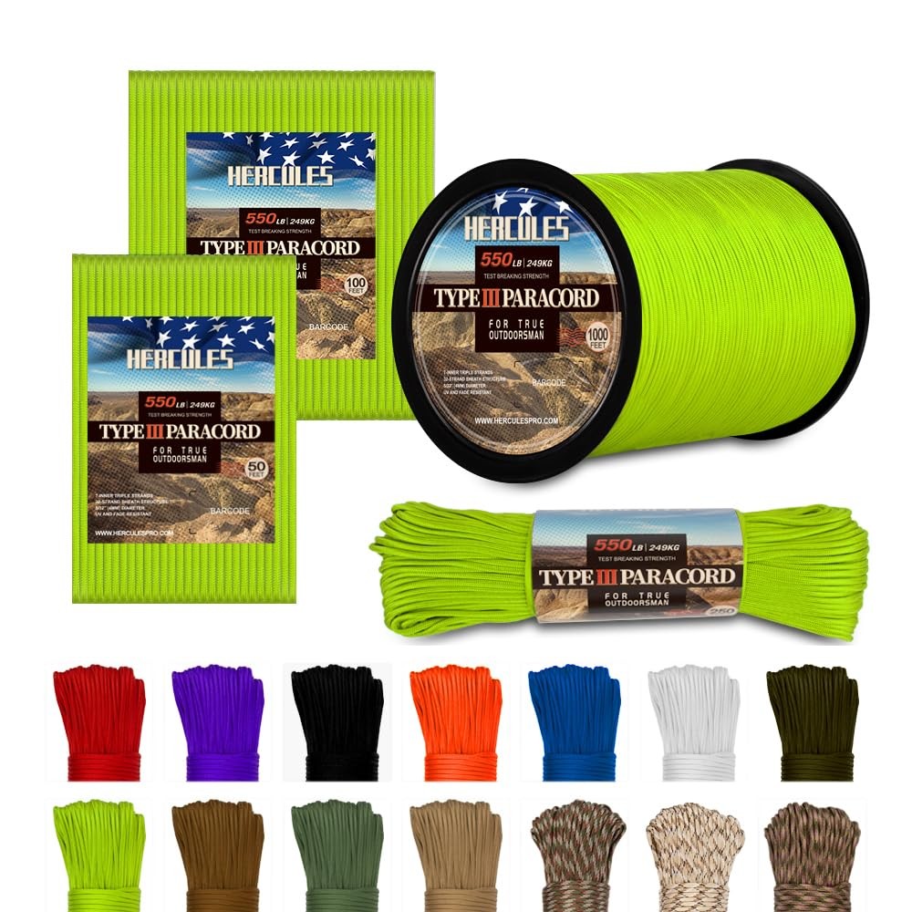 HERCULES Type III Paracord 550 7 Strand – 4mm – 50 Feet, Neon Green