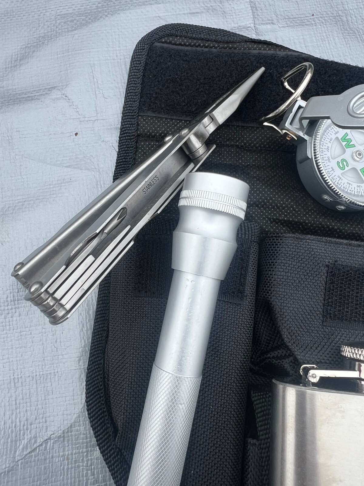 Survival Kit Gear Multi Tool Flashlight Compass Flask Sheath Camping Hunting