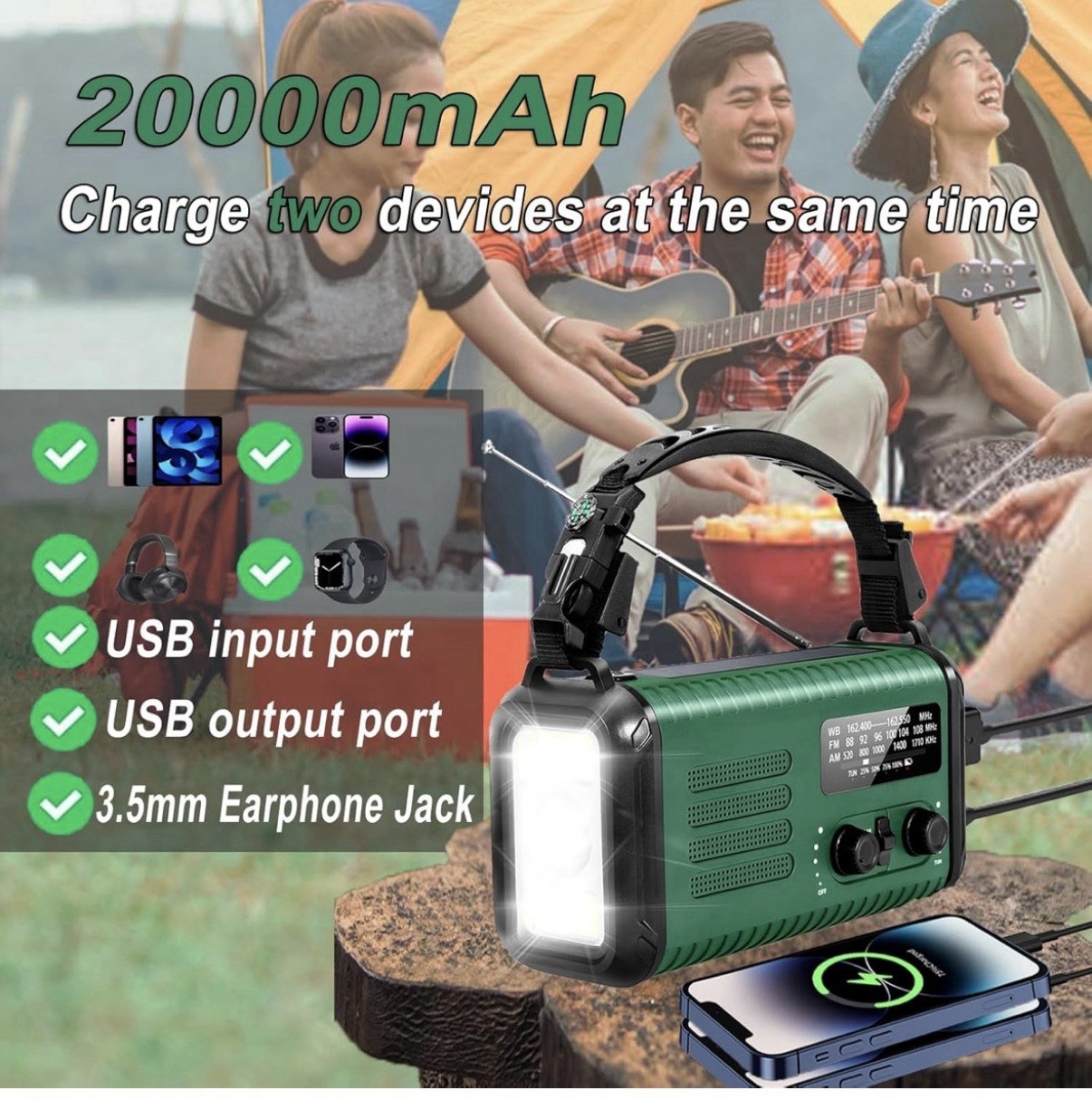 20000mAh/ 74000mWh Hand Crank Emergency Radio AM/FM/NOAA Weather