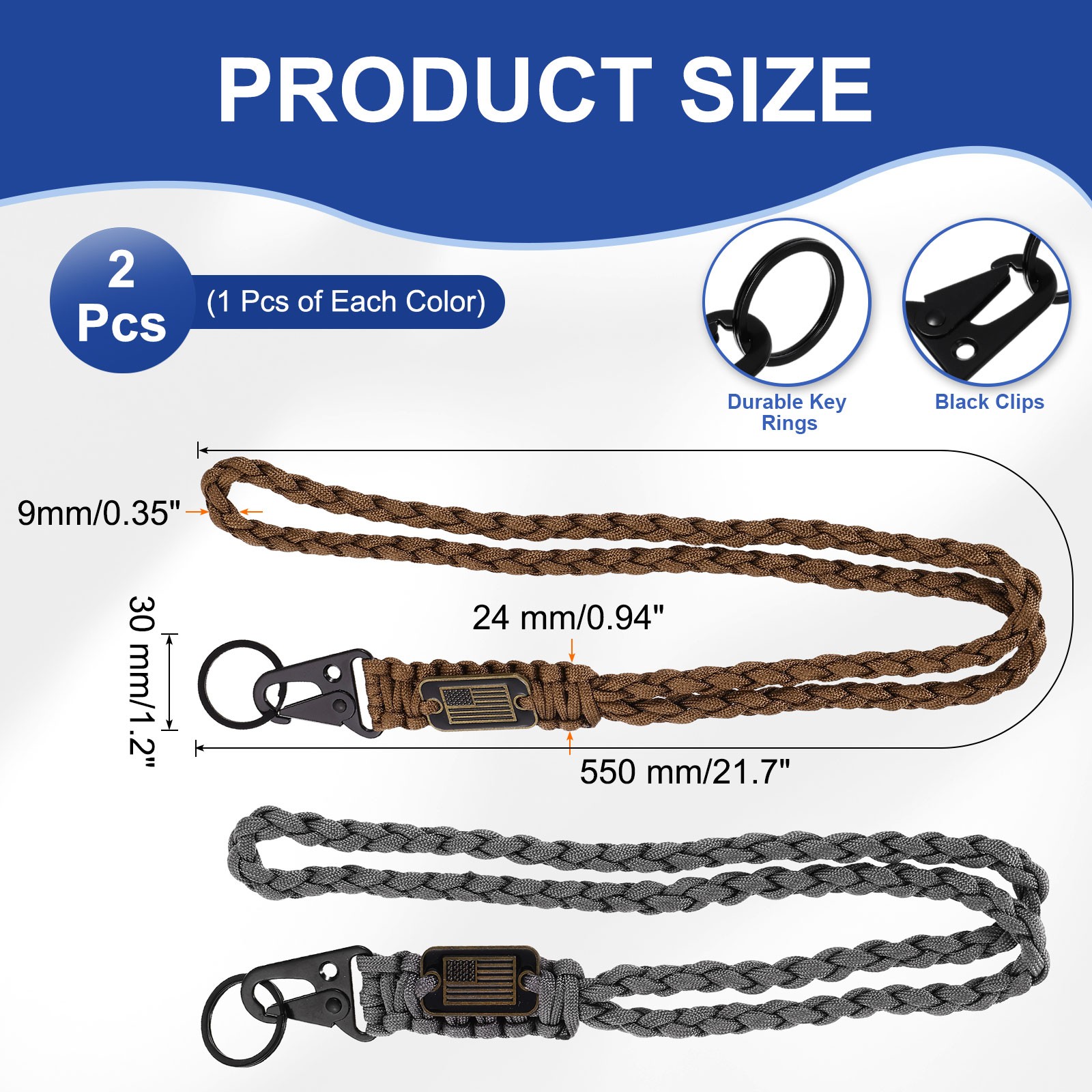 2Pcs Paracord Lanyard, Strong Lanyard with USA Flag, Brown, Grey