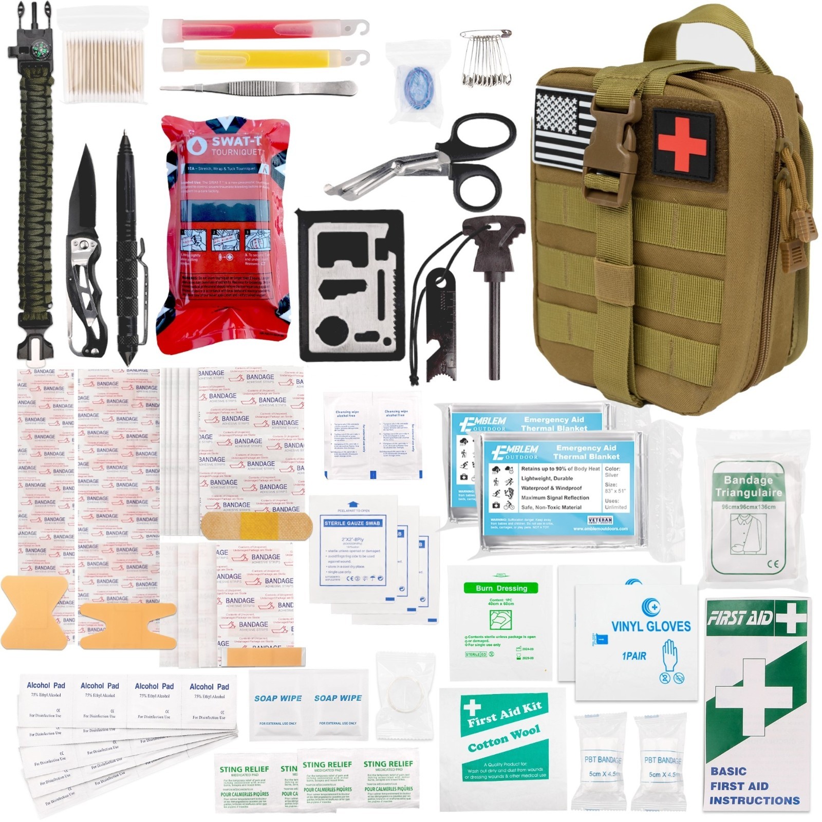 Emblem OD 242 Piece Survival First Aid Kit with Tourniquet | Tan