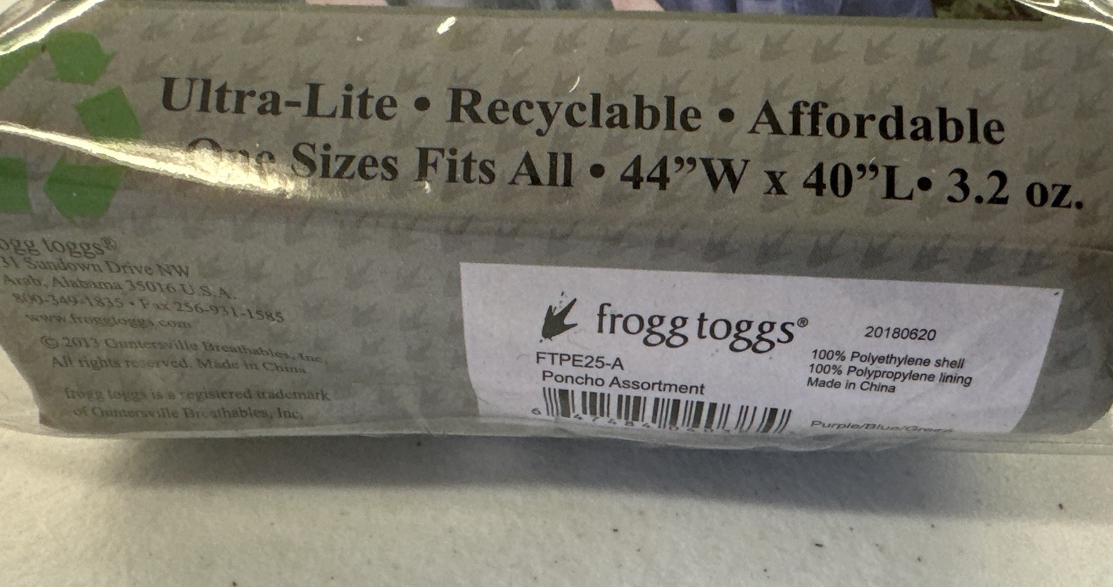 Frogg Toggs Purple Adult Emergency Poncho 1 Size Fits All