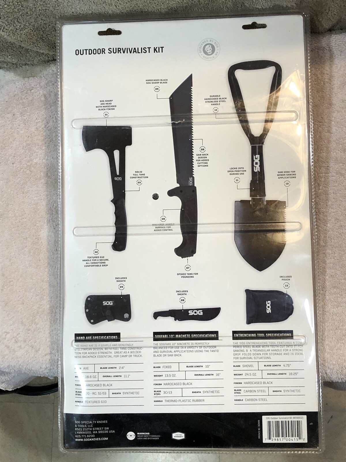 SOG 3 Piece Outdoor Survivalist Kit Hatchet Knife Saw Shovel