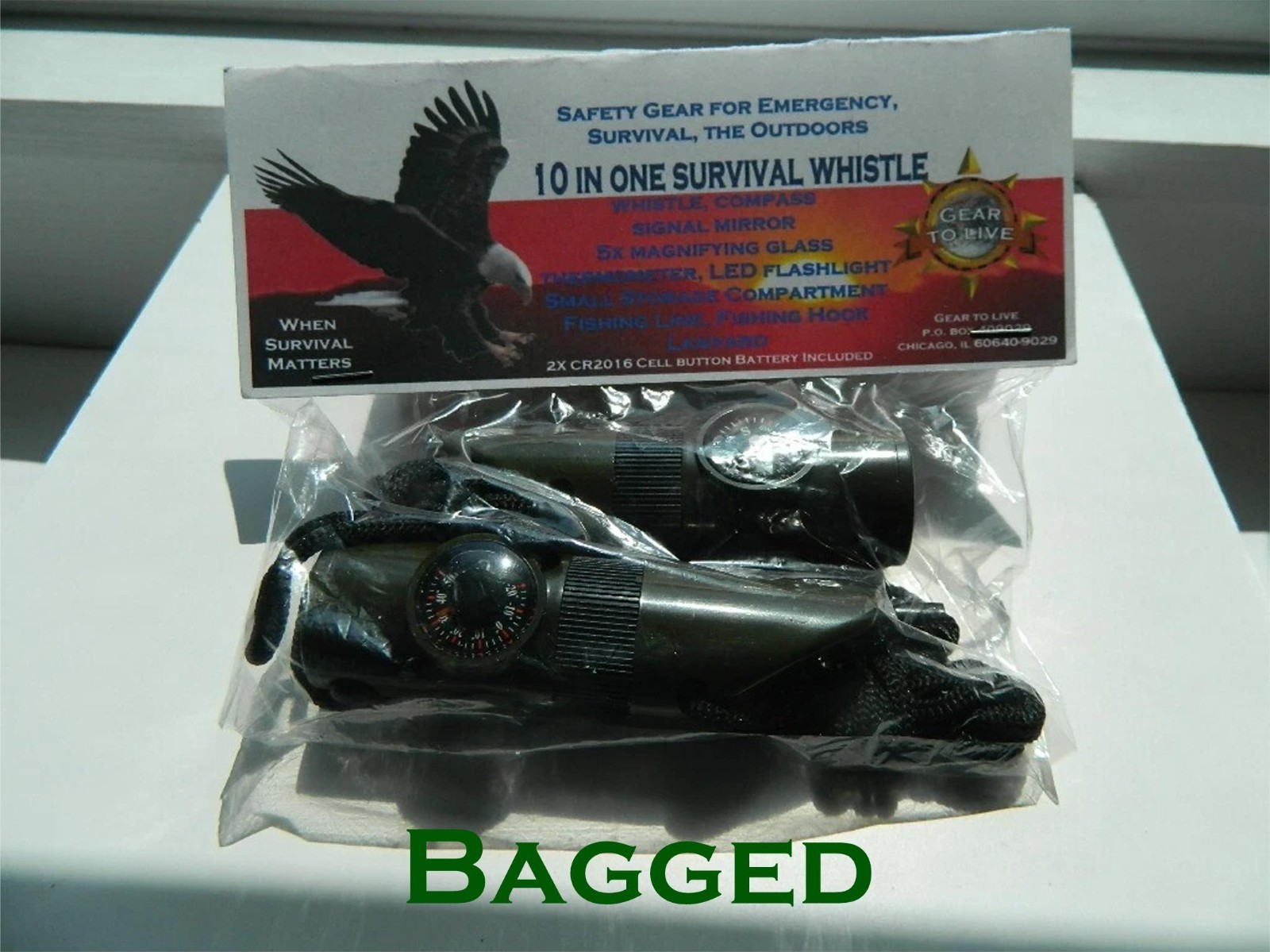 TWO (2) 10 IN 1 SURVIVAL WHISTLES WITH THERMOMETER COMPASS LED MORE FREE SS SAW