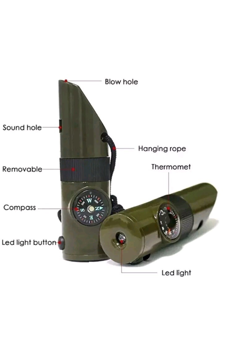 7in1 Multifunction Compass Camping Torch Thermometer Whistle Survival