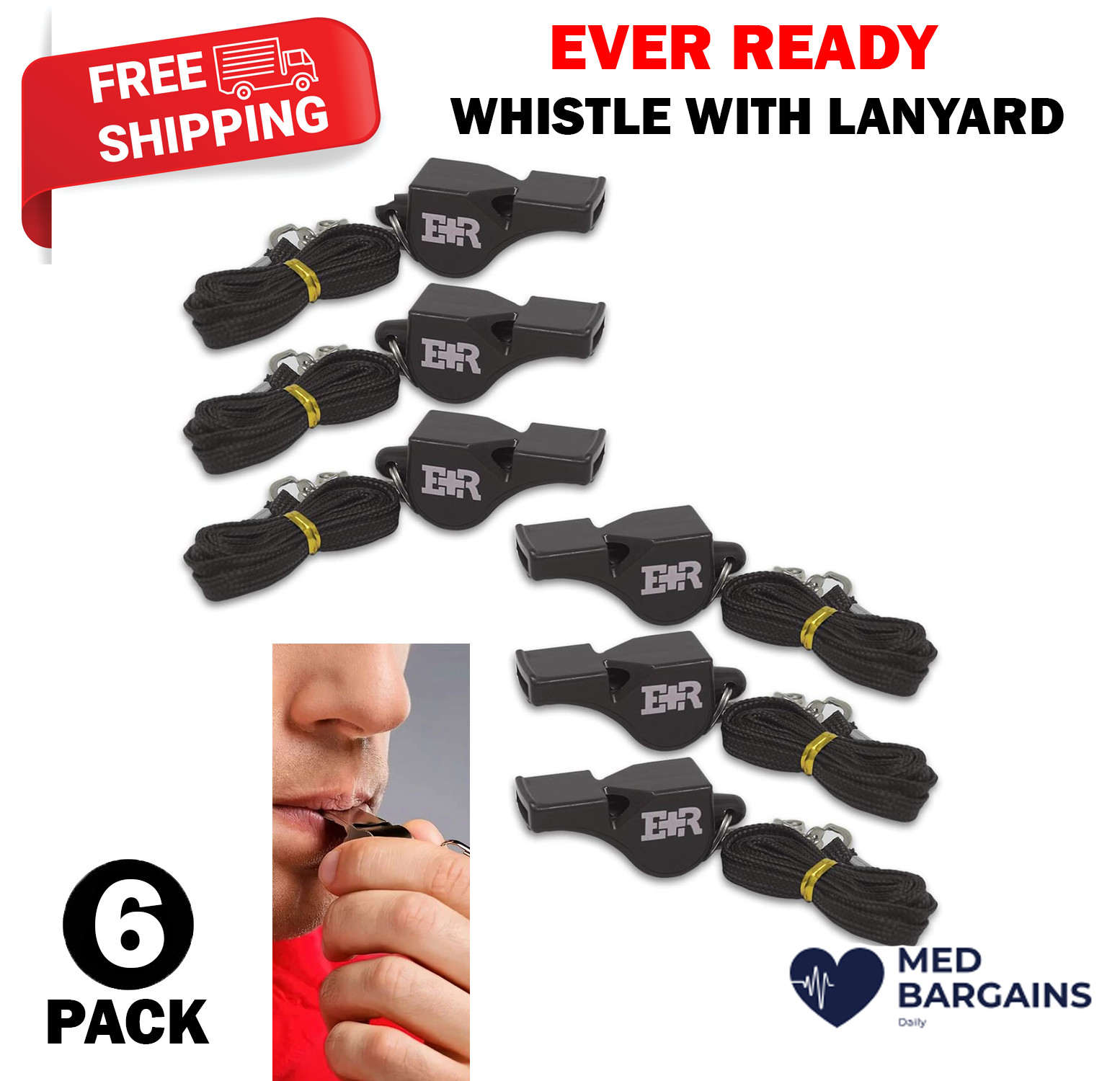 Ever Ready First Aid Lifeguard Coach Sports Whistle with Lanyard Black – 6 Pack