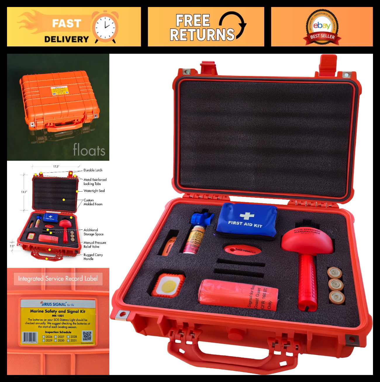 Complete Boating Safety SOS Kit – Visual, Audible, First Aid System – USCG Appro