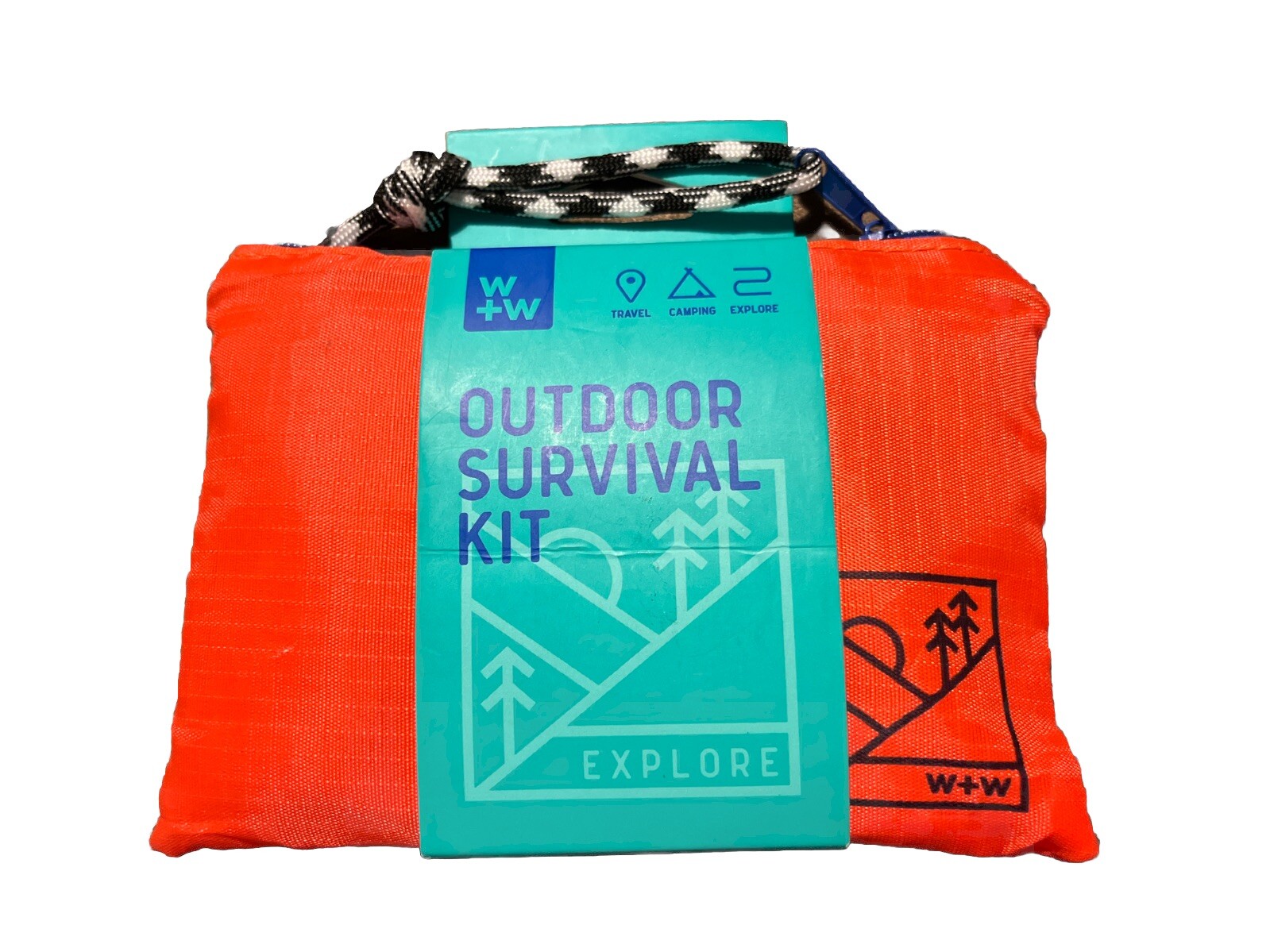 Wild + Wold Outdoor Survival Kit Flint Penknife Rope Wire Saw Pouch Safety Pins