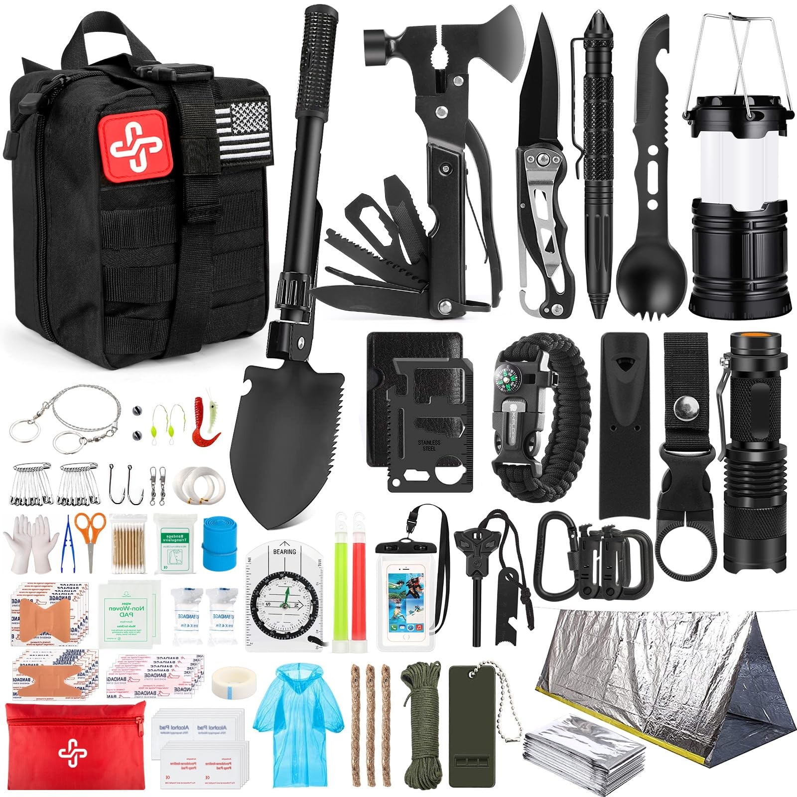 Survival Kit, 250Pcs Gear First Aid Kit with Molle Large, A-Black