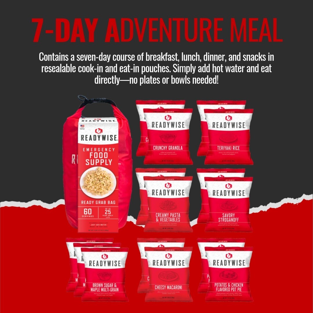 7 Day Emergency Food, Water Filter, Firestarter Outdoor Adventure Survival Kit