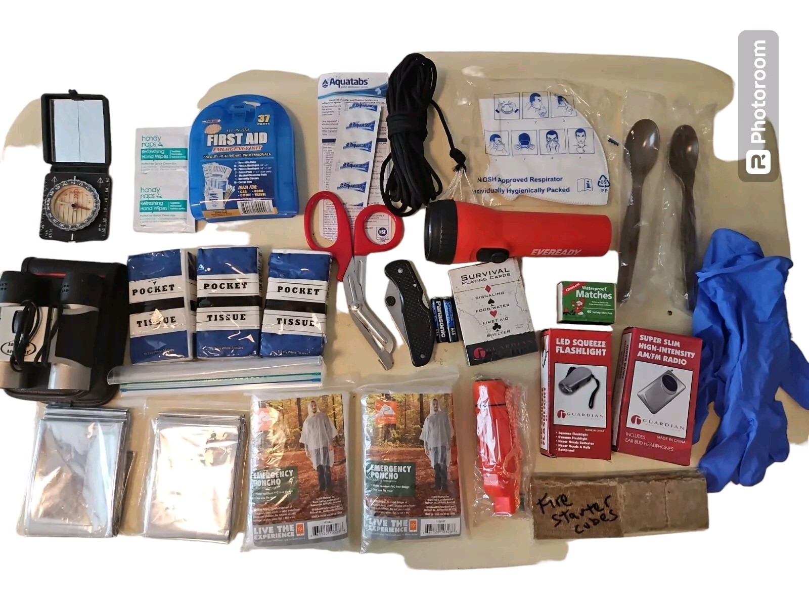 Survival Backpack Kit Complete With Survival Equip First Aid Poncho Compass Etc.