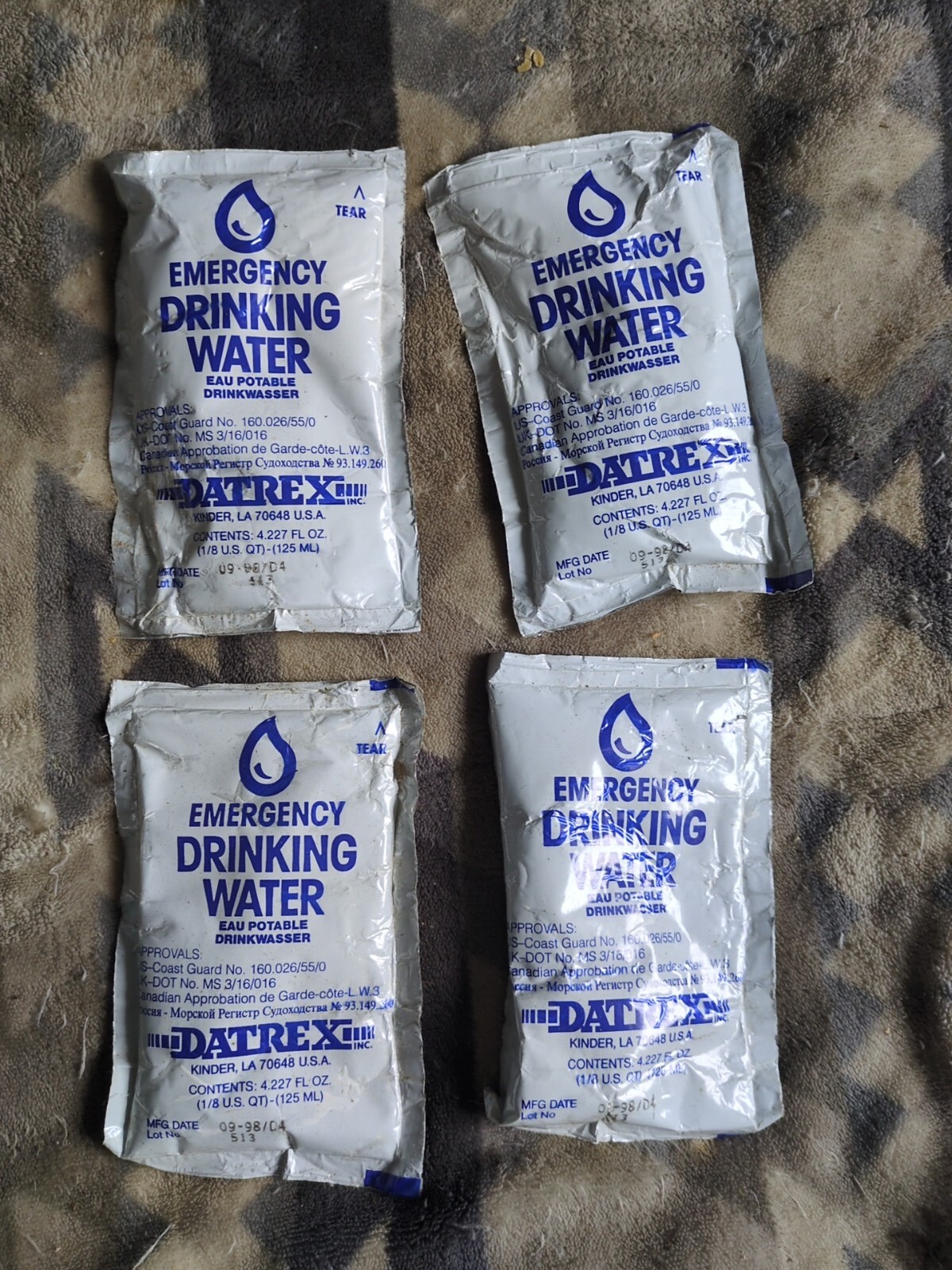 Datrex Emergency Drinking Water 4oz 125 ML Bags 4 Pack 98′ Great Display Item