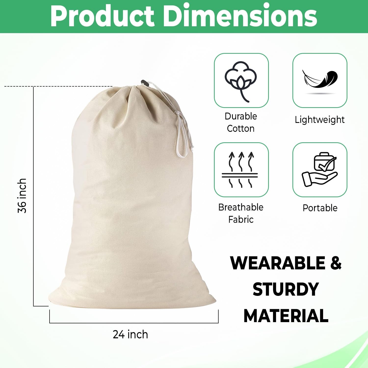 Large Cotton Laundry Bags 24×36 Inch with Drawstring, Heavy Pack of 2, Beige