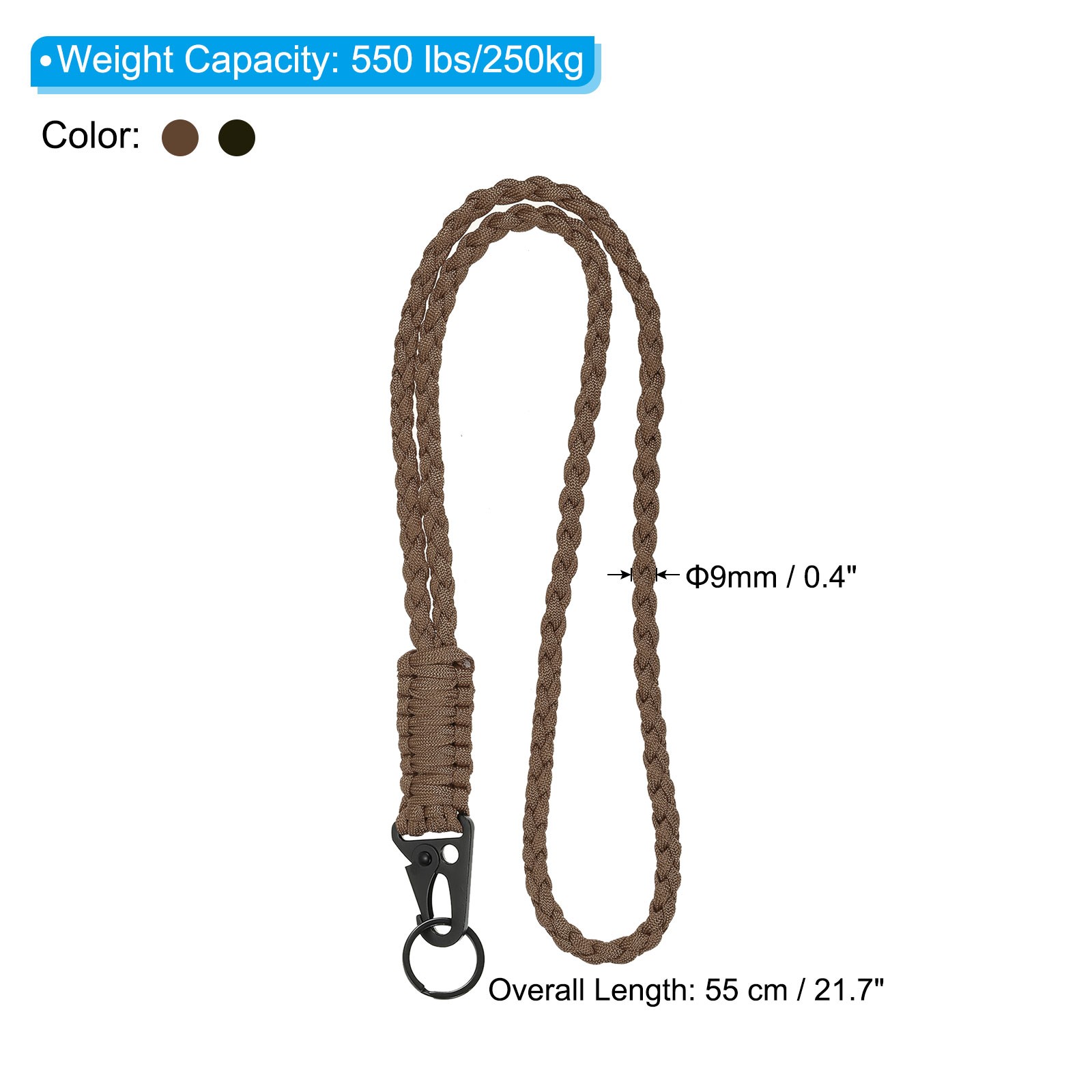 2Pcs 22″ Paracord Neck Lanyard Keychain Braided Strong Lanyard with Brown Green