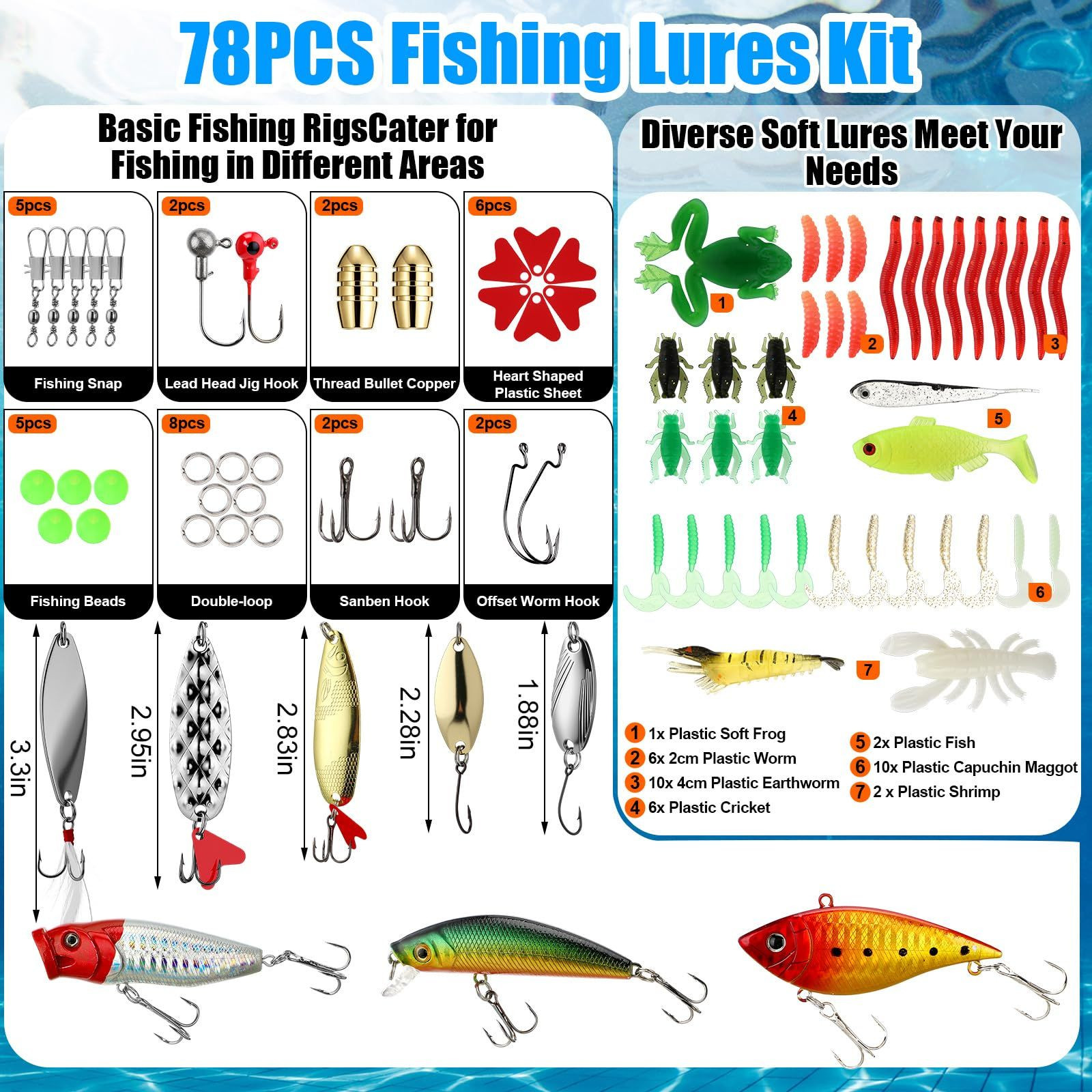 JolliLudo 78 Pcs Fishing Lures Kit with As shown in the figure, multicolored