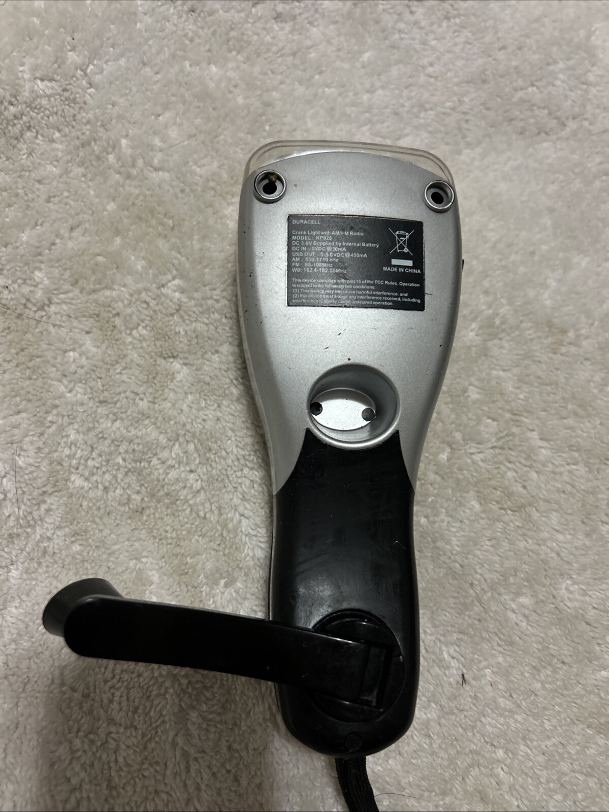 Duracell KP028 Silver & Black Crank Light with AM/FM Radio, Safety Blinker, USB