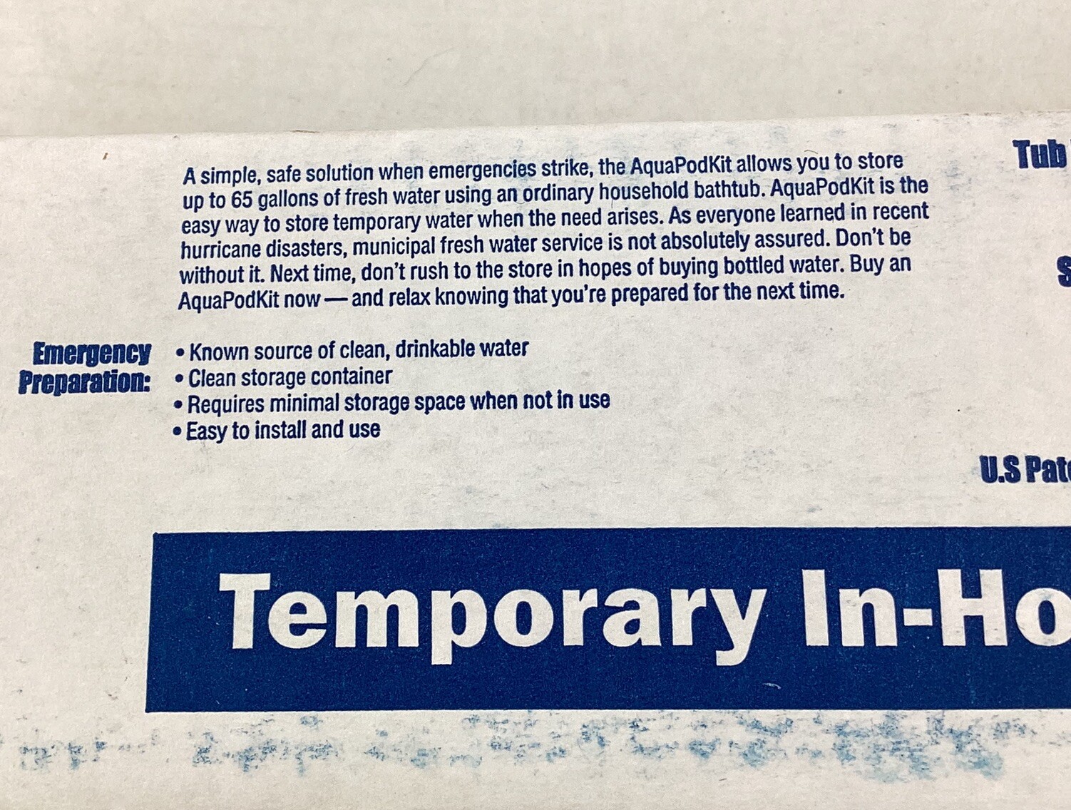 AquaPod Kit 65 gal Emergency Water Storage In-Home Bathtub New