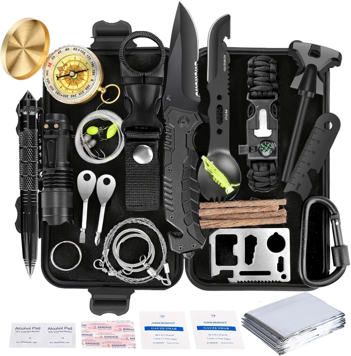 35 in 1 Survival Kit with Essential Tools for Camping, Hiking and Fishing