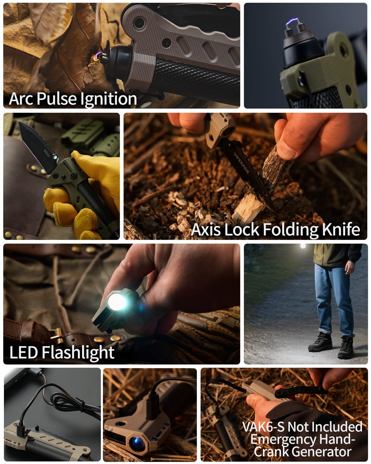 Viperade Vak6-S Survival Multitool Folding Knife Led Flashlight And Pulse