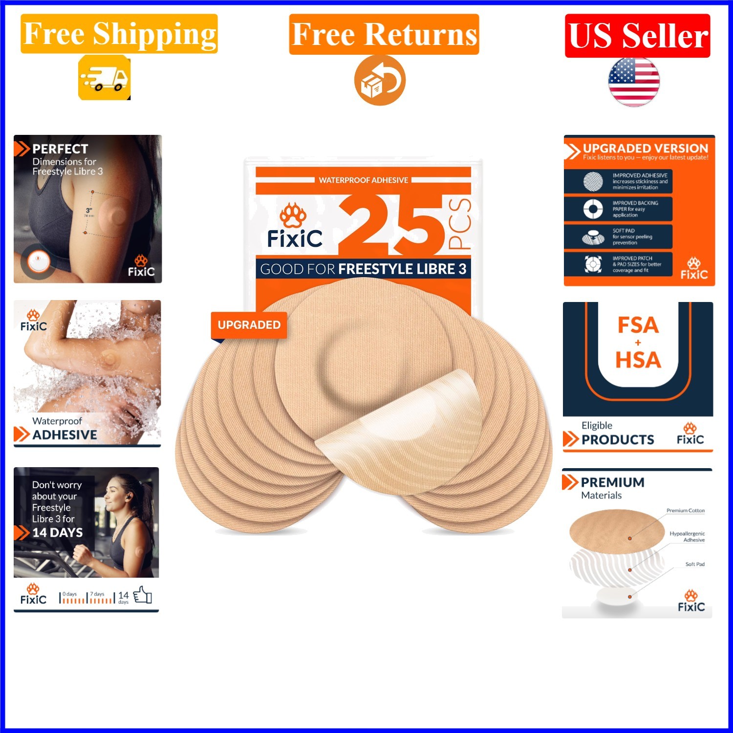 25 Pack Libre 3 Sensor Covers, Cotton, Tan, Hypoallergenic, Waterproof