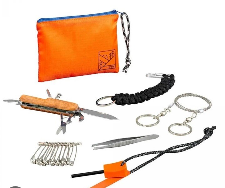 Wild + Wold Outdoor Survival Kit Flint Penknife Rope Wire Saw Pouch Safety Pins