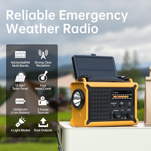 Weather Radios Portable AM FM NOAA Alert with Battery Backup 12000mAh Yellow