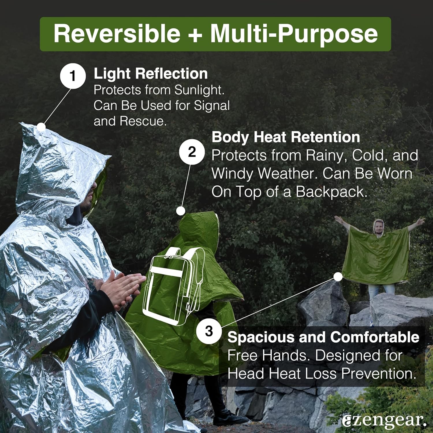 aZengear Survival Poncho 4PK Mylar Green