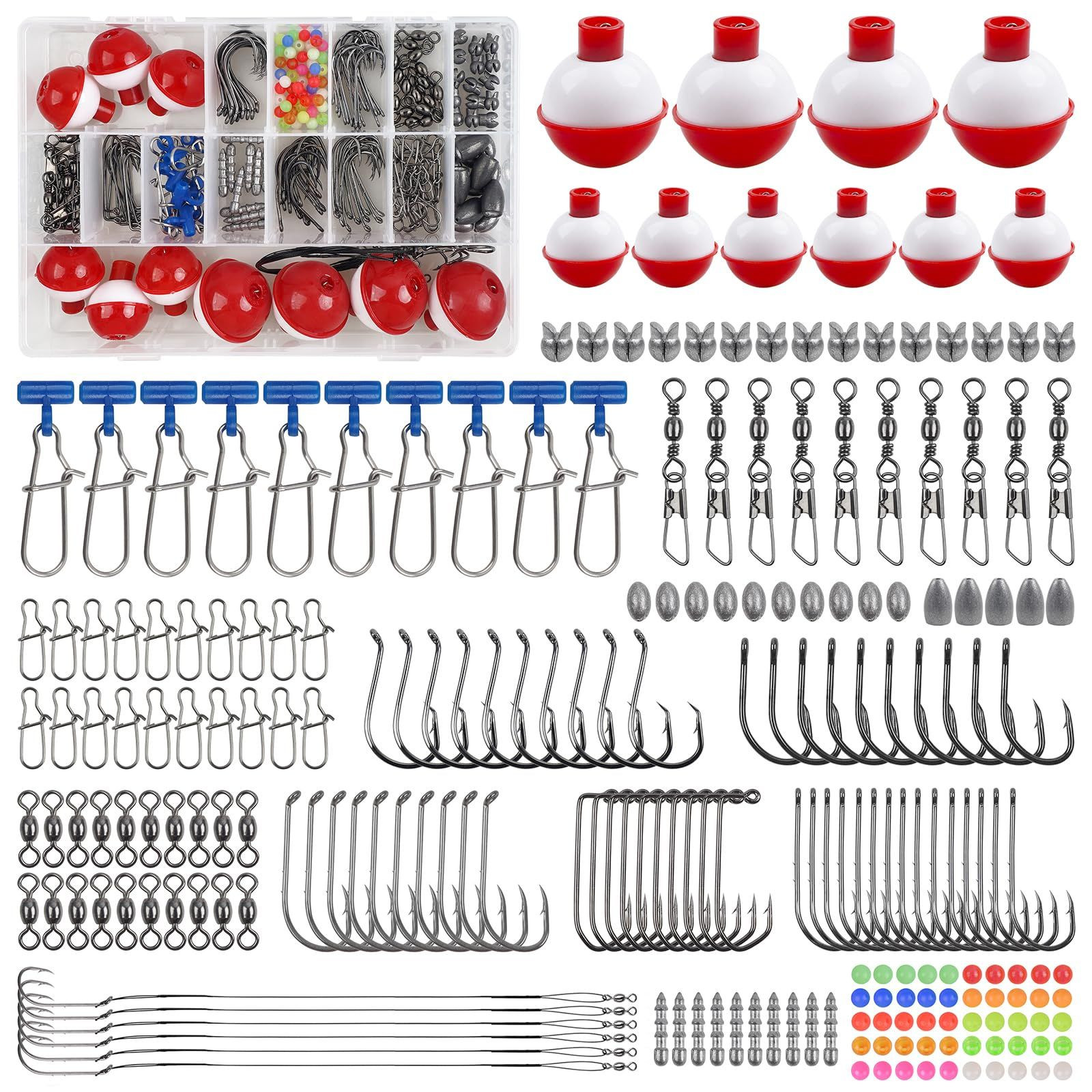 220pcs Fishing Hooks Bobbers Tackle Kit Beginners Equipment Includes Red