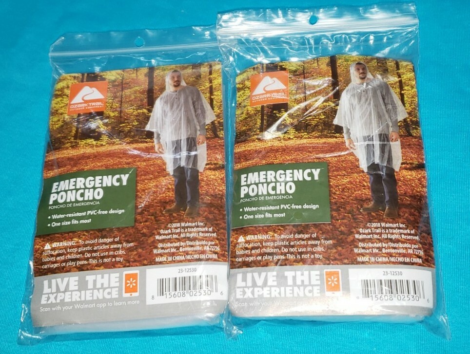 2-Pack Emergency Hooded Rain Poncho Raincoat Unisex One Size Fits Most FREE SHPN