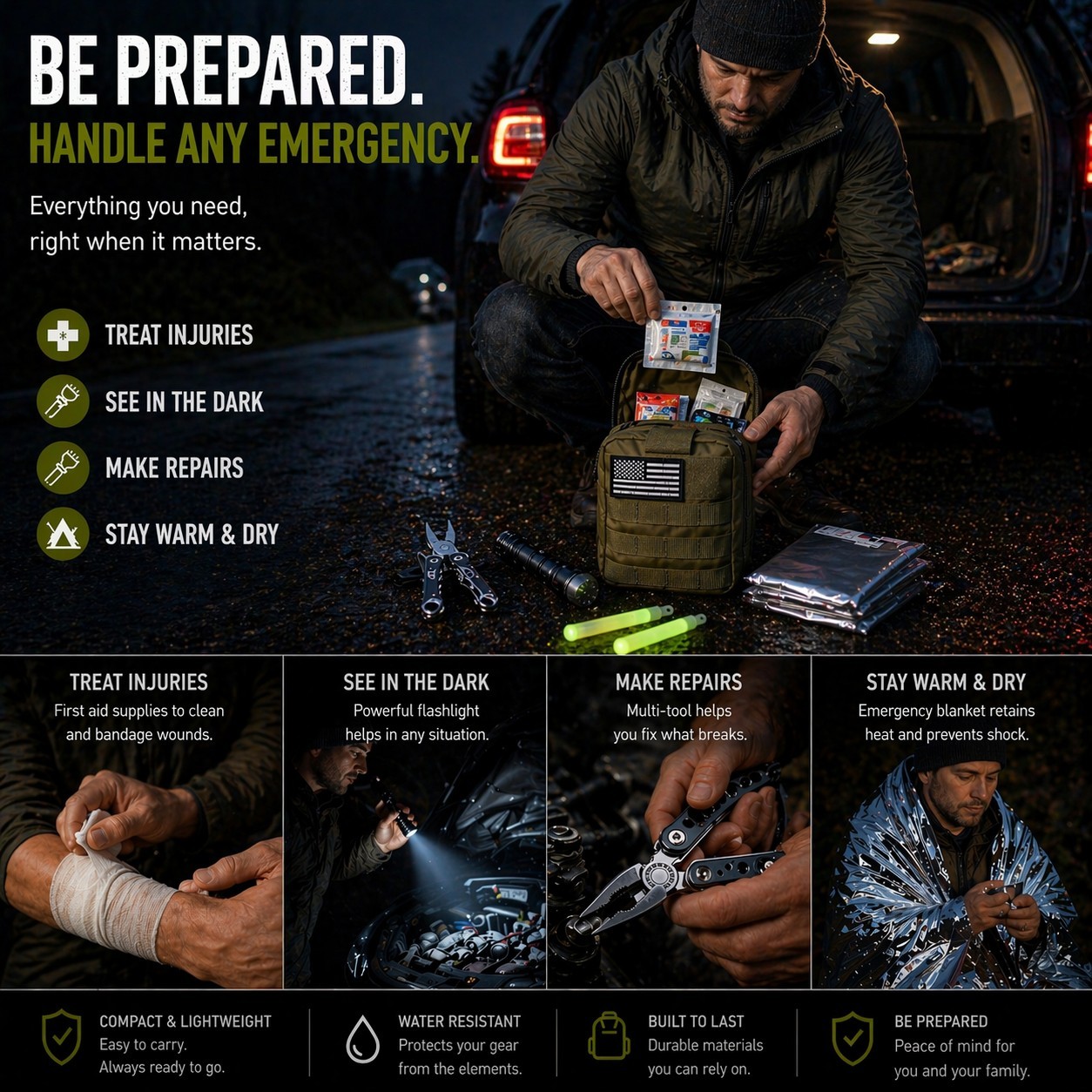 100+ PCS Survival Kit Emergency Tactical Pouch First Aid Gear Camping Tool Green