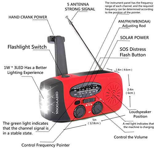 7400 mWh SOS Alarm Emergency Weather Radio, 3LED Type-C Hand Crank Solar