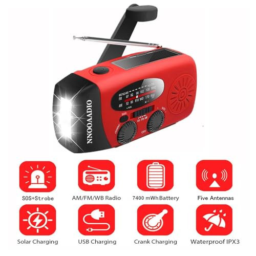 7400 mWh SOS Alarm Emergency Weather Radio, 3LED Type-C Hand Crank Solar