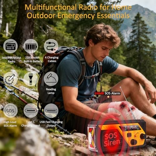 Emergency Radio with 4 Charging Cables, 22000mWh AM FM NOAA Weather Radio,