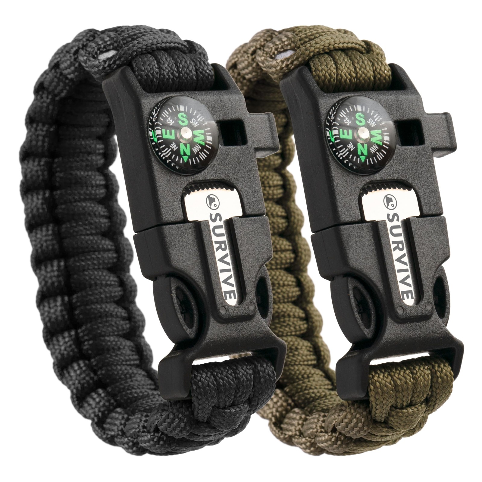 Emergency Survival Paracord Bracelet 2-Pack with Fire Starter, Compass, Whistle