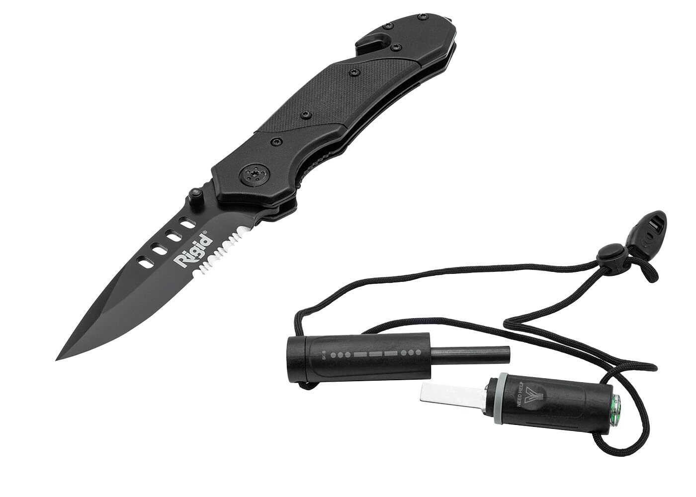 Rigid Pocket Knife and Fire Starter Survival Set | Integrated Compass & Whistle