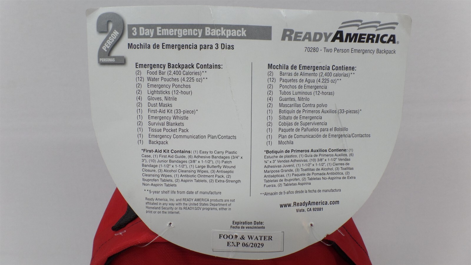 READY AMERICA 70280 2-PERSON 3-DAY EMERGENCY KIT & BACKPACK (EXP. 6/2029) SEALED