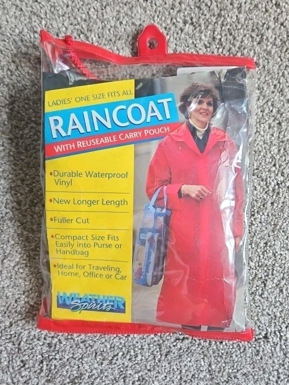 VTG Ladies’ Hooded RainCoat W Storage Pouch One Size Black full length NEW