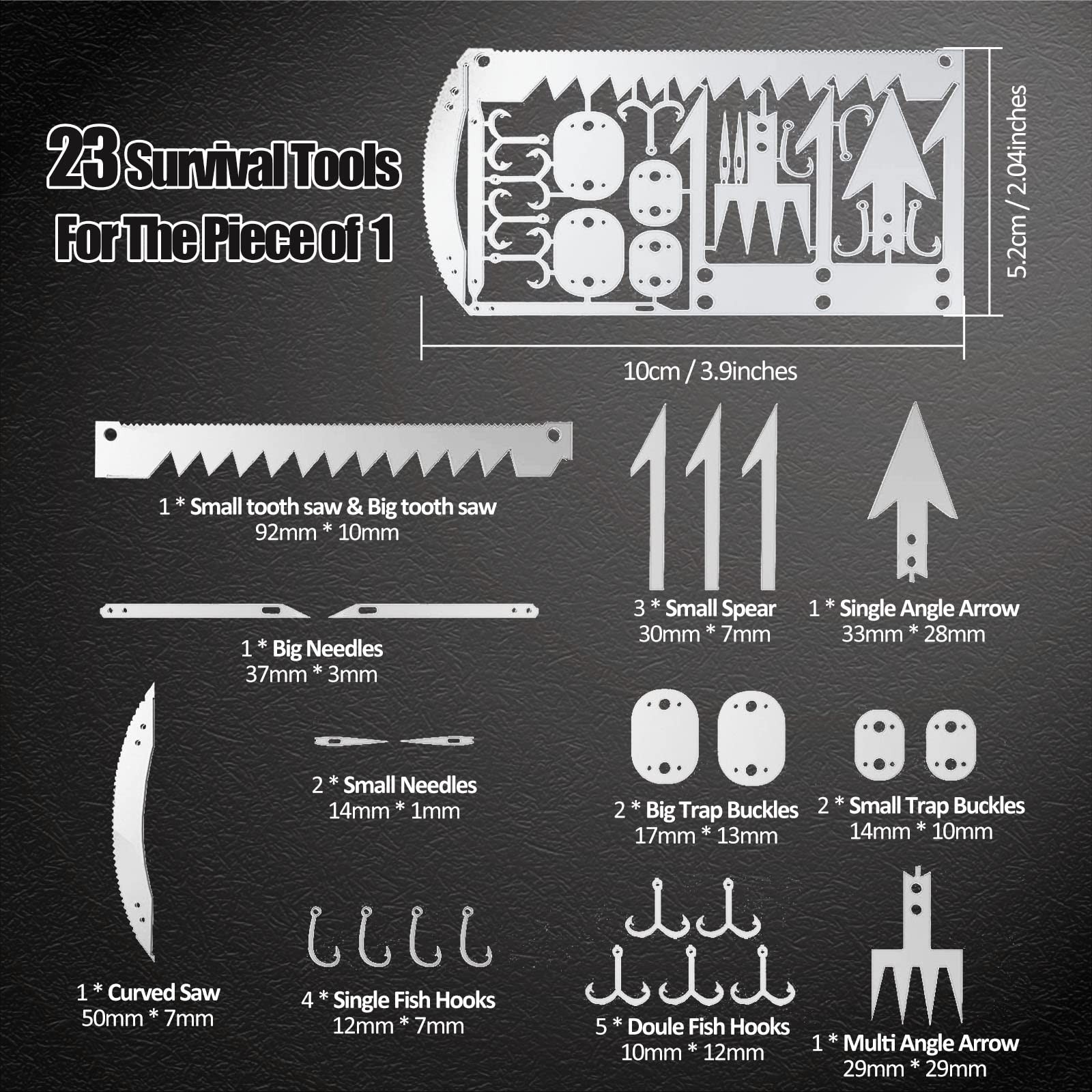 Hukado 9PCS Survival Card Multitool Camping Kit with Fishing 9Pcs, silver