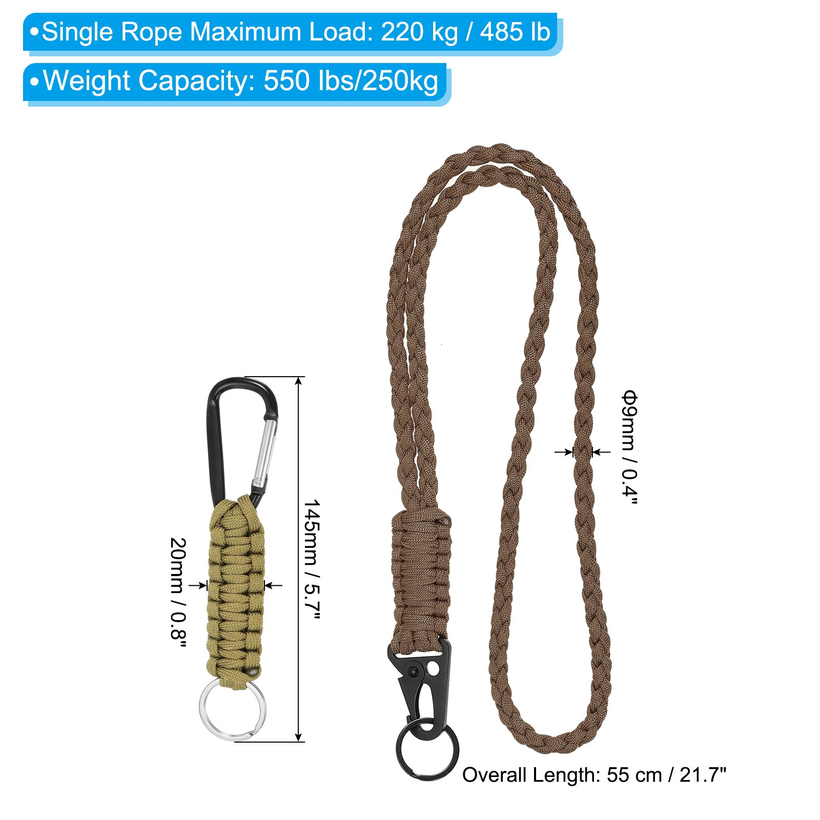 2Pcs Braided Paracord Lanyard Keychain, Paracord Neck Badge Lanyard Brown Khaki