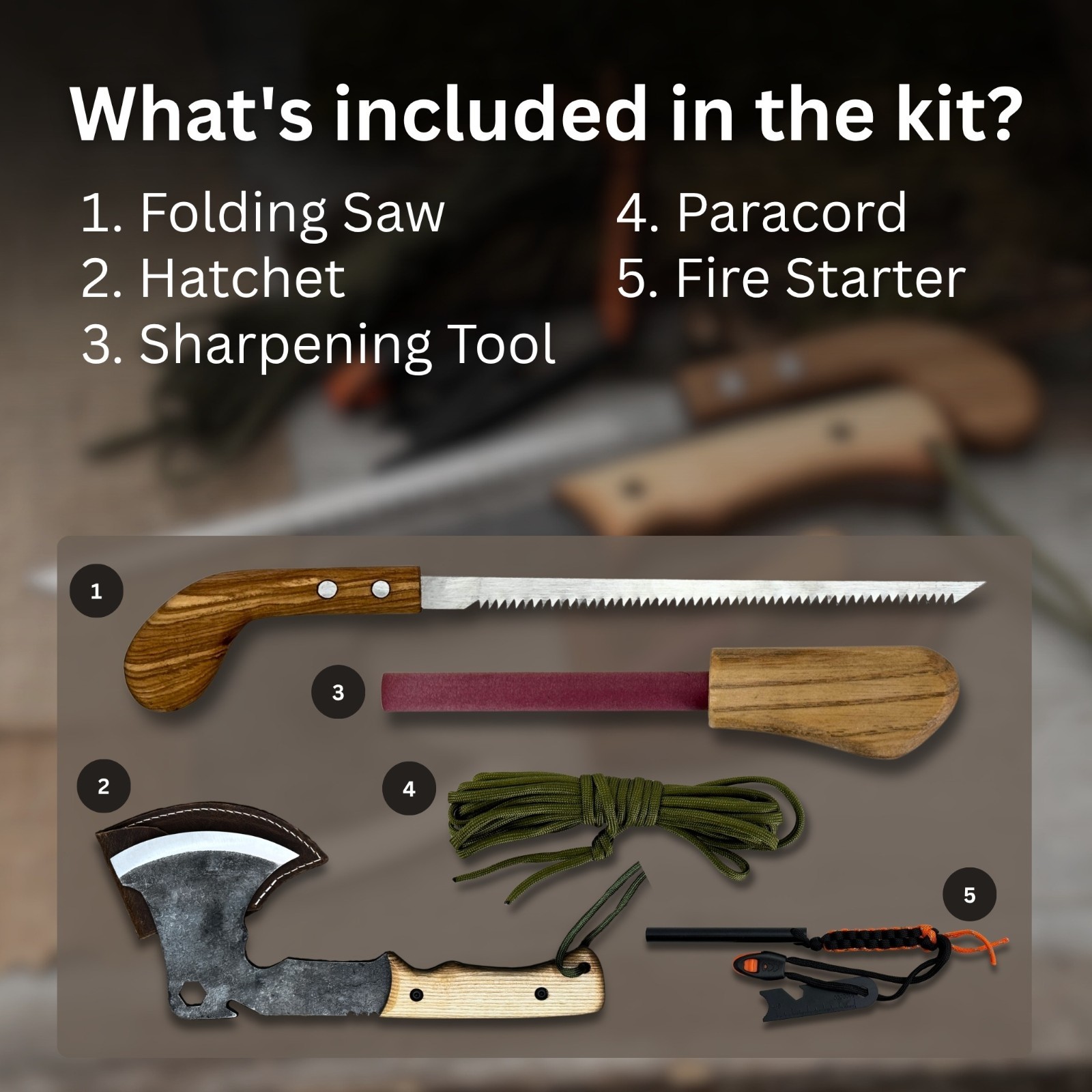 Bushcraft Kit with Camping Axe Saw Ferro Rod Sharpening Tool for Hiking Fishing